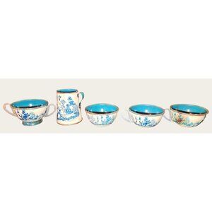 Vintage Toy Blue Willow China Tea Set Antique Metal Miniature